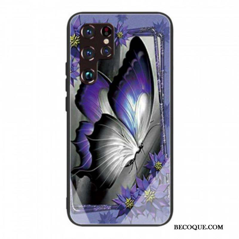 Coque Samsung Galaxy S22 Ultra 5G Verre Trempé Papillon Violet