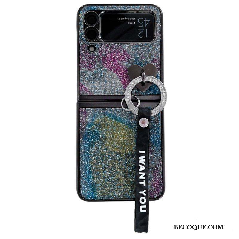 Coque Samsung Galaxy Z Flip 3 5G Paillettes, Breloques et Lanière