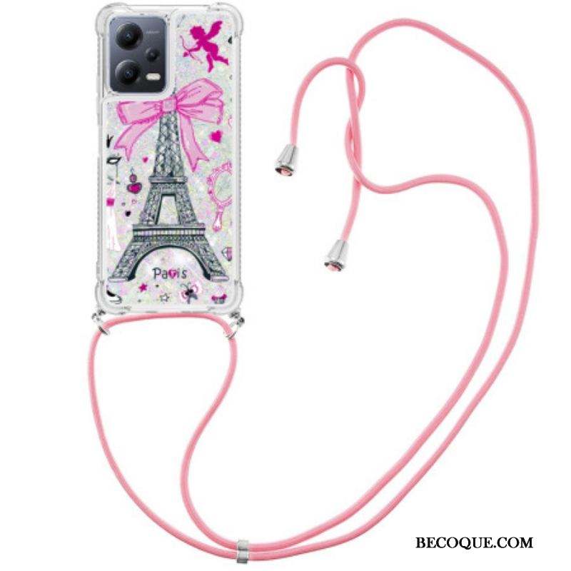 Coque Xiaomi Redmi Note 12/Poco X5 5G à Cordon Paillettes Tour Eiffel