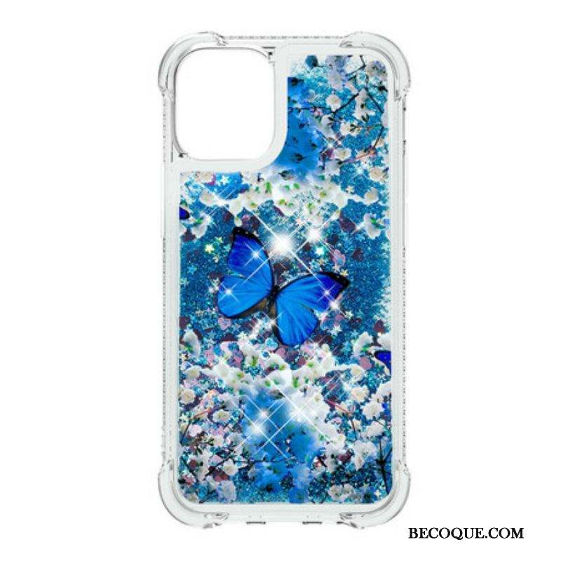 Coque iPhone 13 Mini Papillons Bleus Paillettes