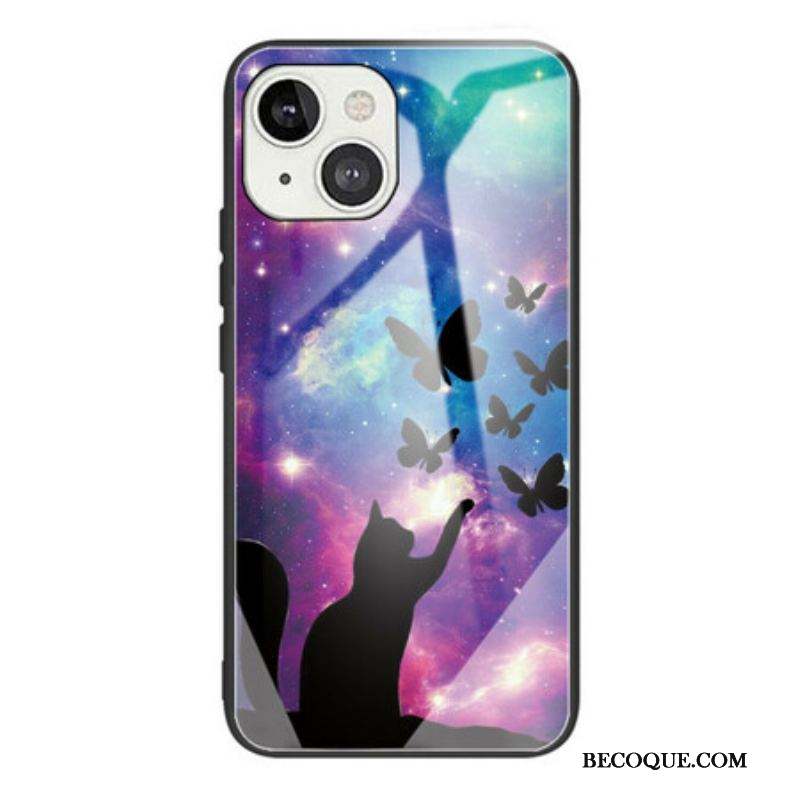 Coque iPhone 13 Mini Verre Trempé Chat et Papillons Dans l'Espace