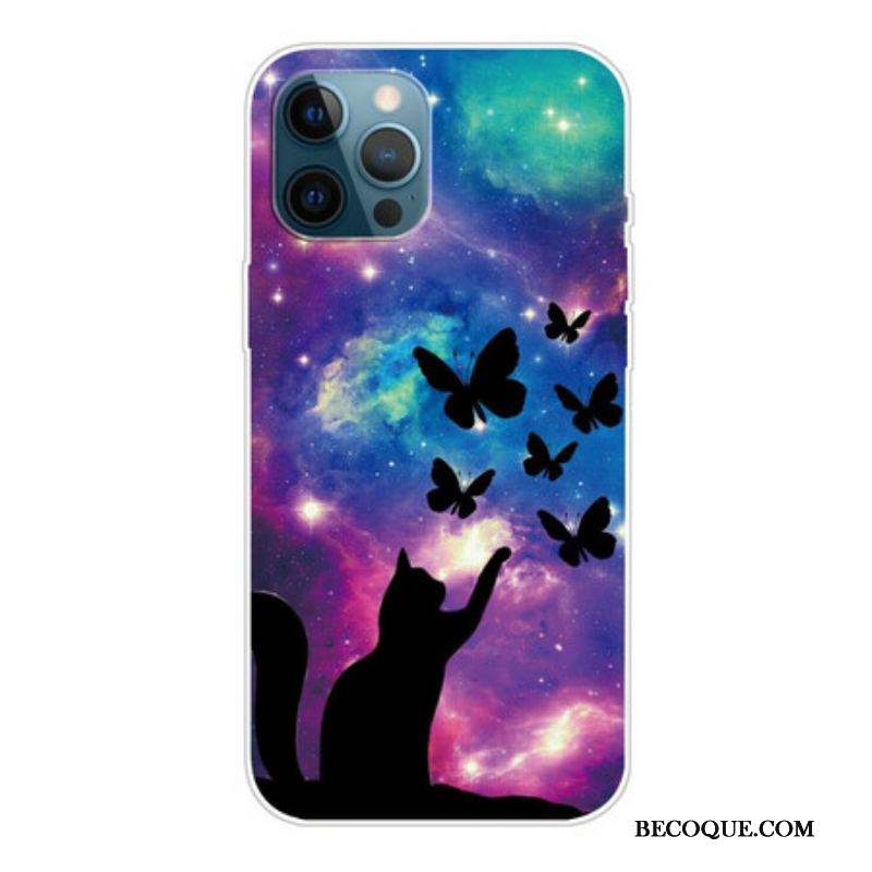 Coque iPhone 13 Pro Chat et Papillons Dans l'Espace