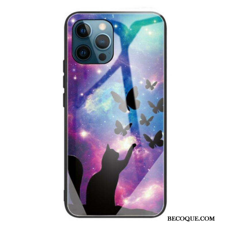 Coque iPhone 13 Pro Verre Trempé Chat et Papillons Dans l'Espace