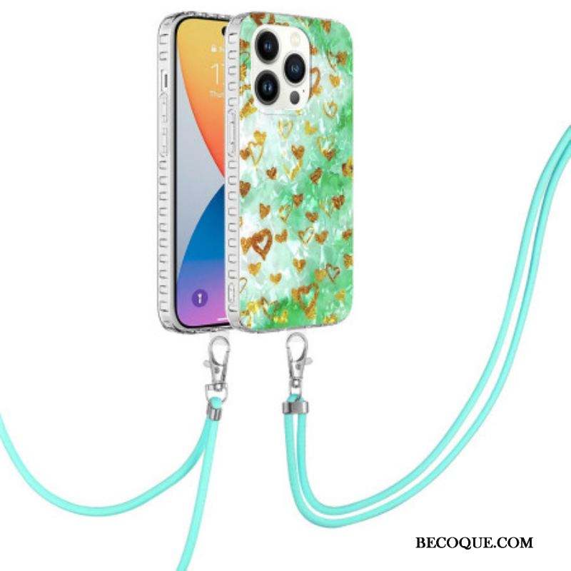 Coque iPhone 14 Pro à Cordon Coeurs Stylés