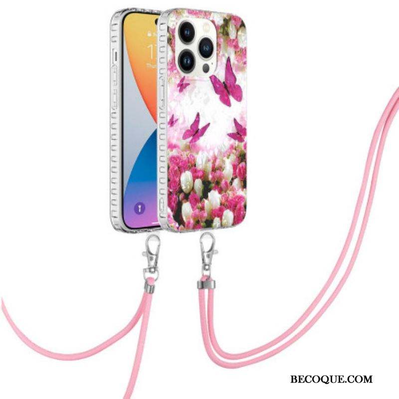 Coque iPhone 14 Pro à Cordon Papillons Stylés