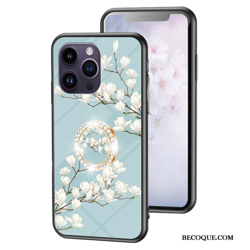 Coque iPhone 15 Pro Max Verre Trempé Floral avec Anneau-Support