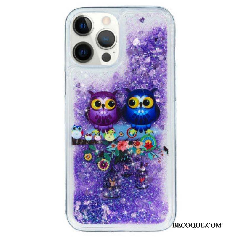 Coque iPhone 15 Pro Paillettes Couple de Hiboux