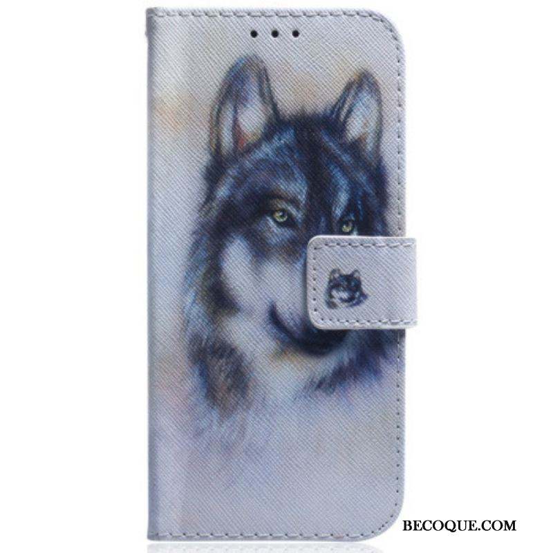 Housse Moto G73 5G Loup Aquarelle à Lanière