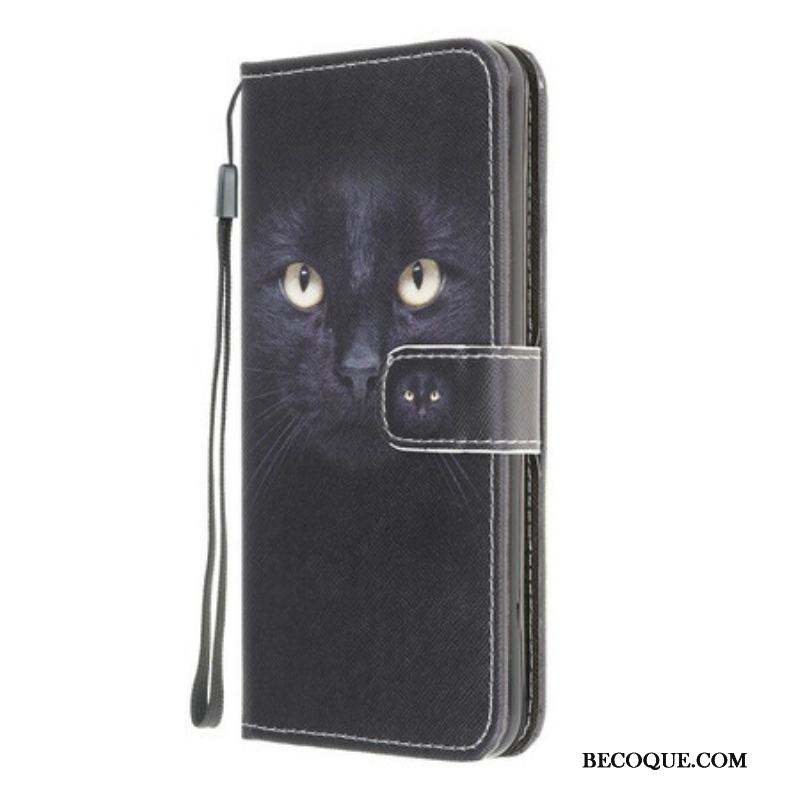 Housse Samsung Galaxy A12 / M12 Yeux de Chat Noir à Lanière