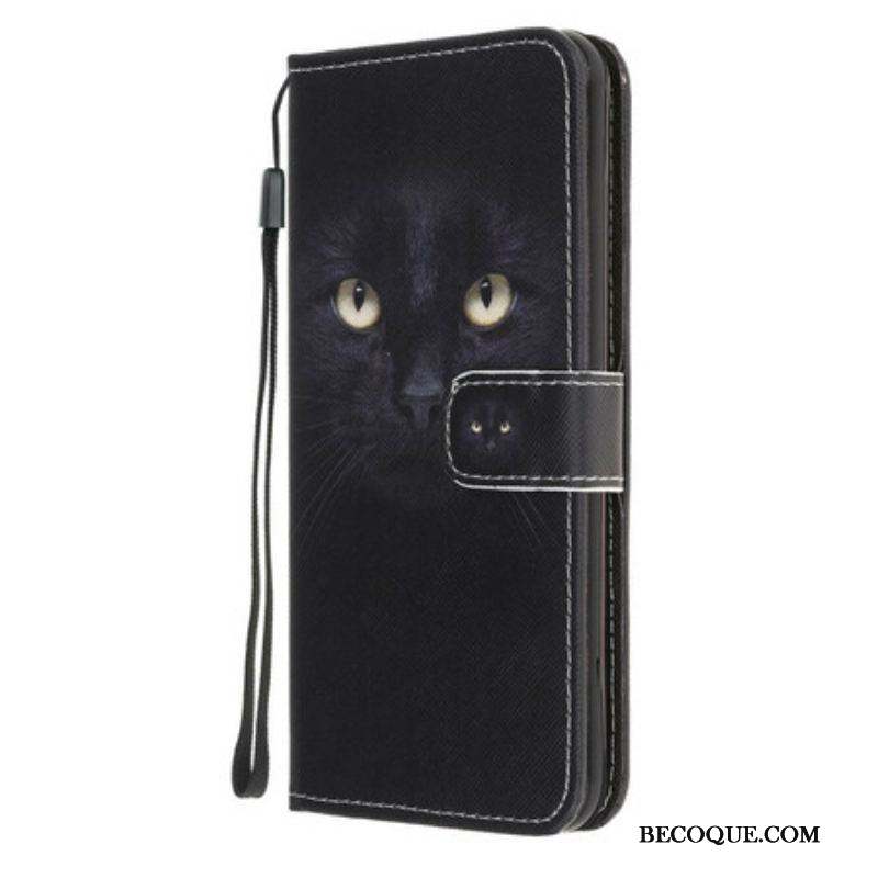 Housse Samsung Galaxy A52 4G / A52 5G / A52s 5G Yeux de Chat Noir à Lanière