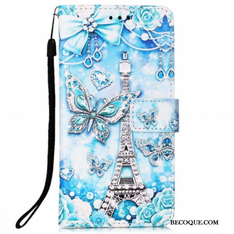 Housse Samsung Galaxy A53 5G Tour Eiffel Papillons à Lanière