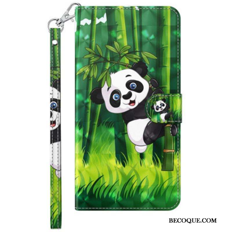 Housse Samsung Galaxy M13 Panda et Bambou avec Lanière