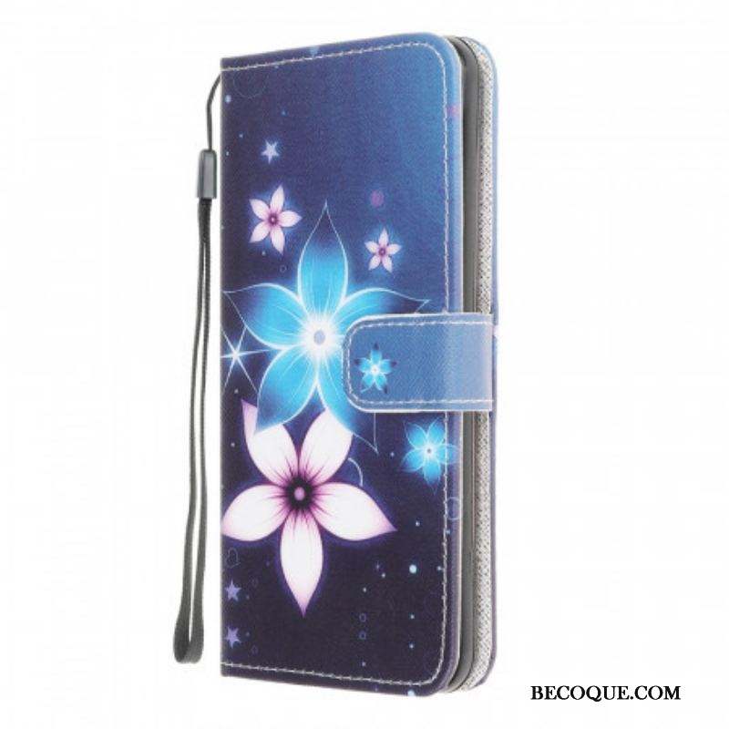 Housse Samsung Galaxy M32 Fleurs Lunaires à Lanière