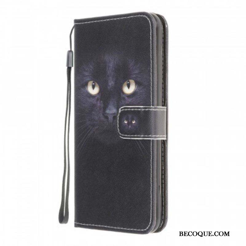 Housse Samsung Galaxy M32 Yeux de Chat Noir à Lanière