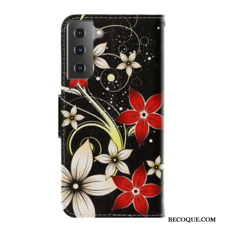 Housse Samsung Galaxy S21 Plus 5G Fleurs Colorées à Lanière