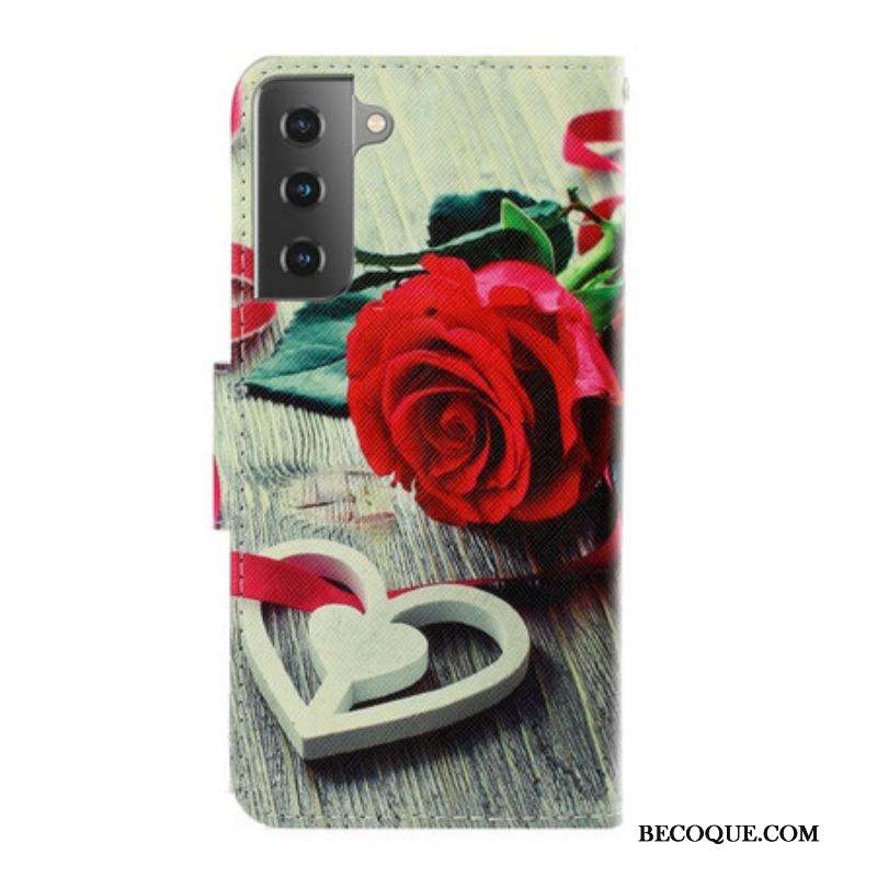 Housse Samsung Galaxy S21 Plus 5G Rose Romantique à Lanière
