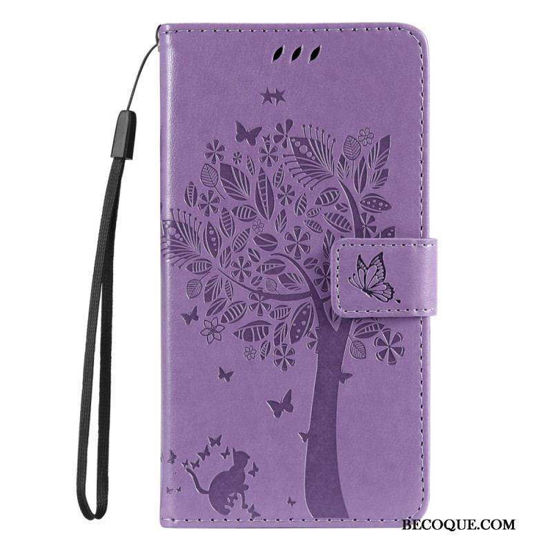 Housse Samsung Galaxy S22 Ultra 5G Arbre et Chat à Lanière