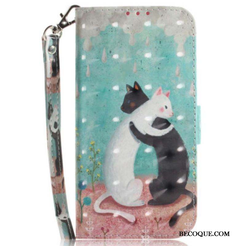 Housse Samsung Galaxy S23 Ultra 5G Chat Blanc Chat Noir à Lanière