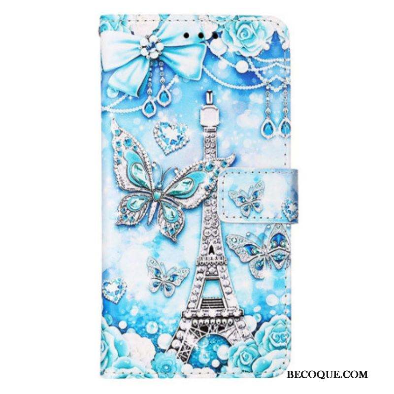 Housse Samsung Galaxy S23 Ultra 5G Tour Eiffel Papillons à Lanière
