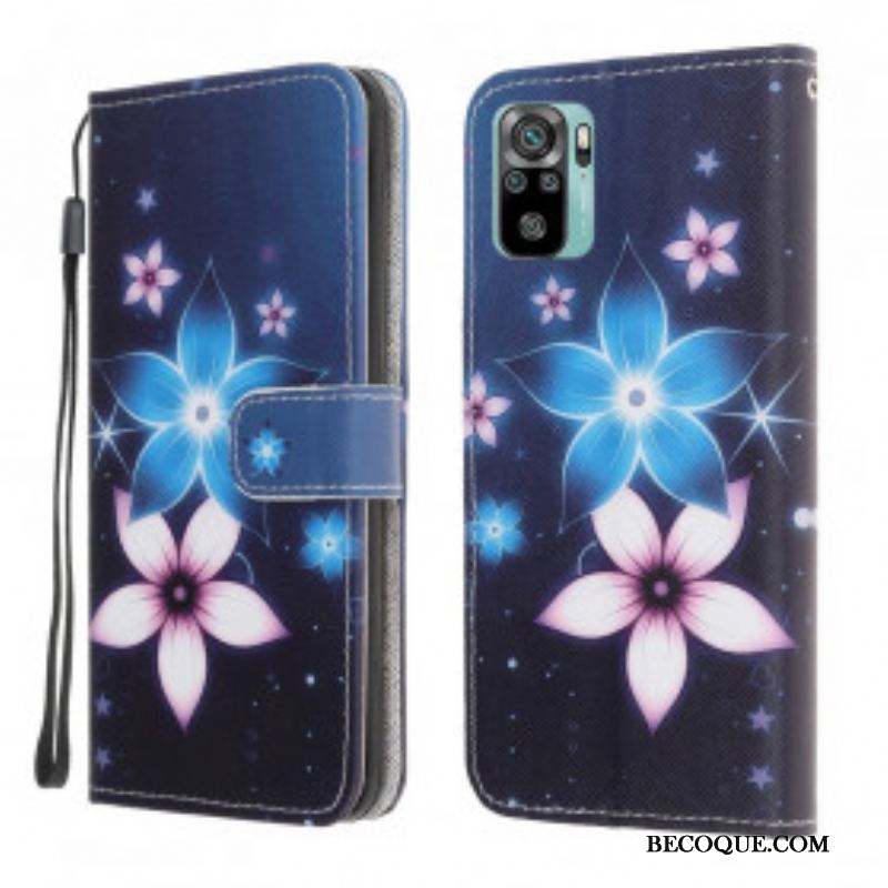 Housse Xiaomi Redmi Note 10/10S/Poco M5s Fleurs Lunaires à Lanière