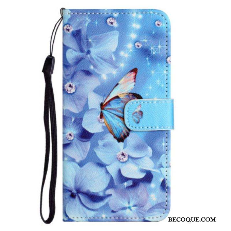Housse iPhone 14 Plus Papillons Diamants à Lanière