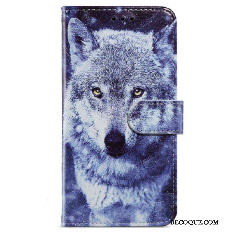 Housse iPhone 15 Loup Blanc à Lanière