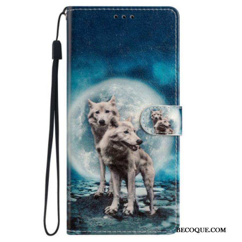 Housse iPhone 15 Loups sous la Lune à Lanière