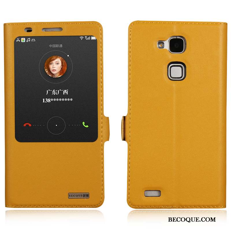 Huawei Ascend Mate 7 Étui En Cuir Téléphone Portable Jaune Cuir Véritable Coque De Téléphone Protection