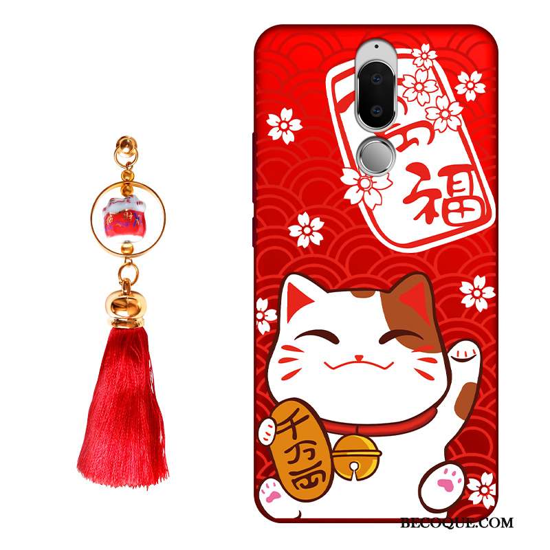 Huawei Mate 10 Lite Coque Rouge Protection Étui Chat Ornements Suspendus Richesse