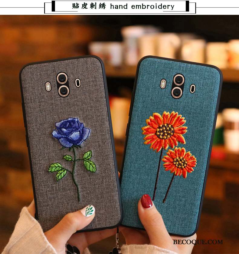 Huawei Mate 10 Protection Broderie Coque Couvercle Arrière Fluide Doux Bleu