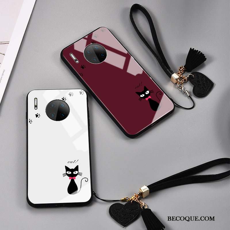 Huawei Mate 30 Coque Mode Étui Protection Chat Fluide Doux Vin Rouge