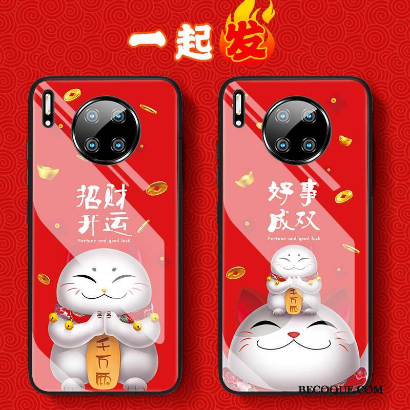 Huawei Mate 30 Coque Étui Rouge Style Chinois Luxe Protection Chat