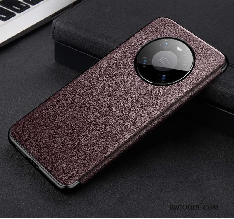 Huawei Mate 40 Pro Coque Cuir Véritable Marron Étui En Cuir Mince Incassable Tout Compris