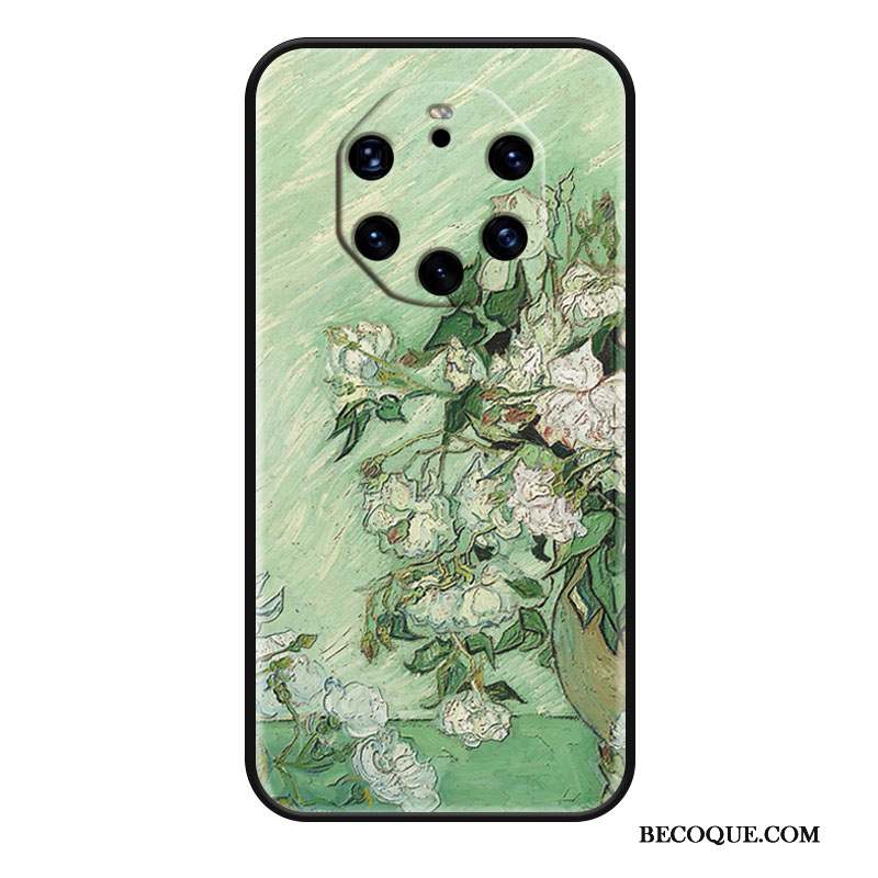 Huawei Mate 40 Rs Coque Blanc Mode Incassable Vert Rose Peinture À L'huile