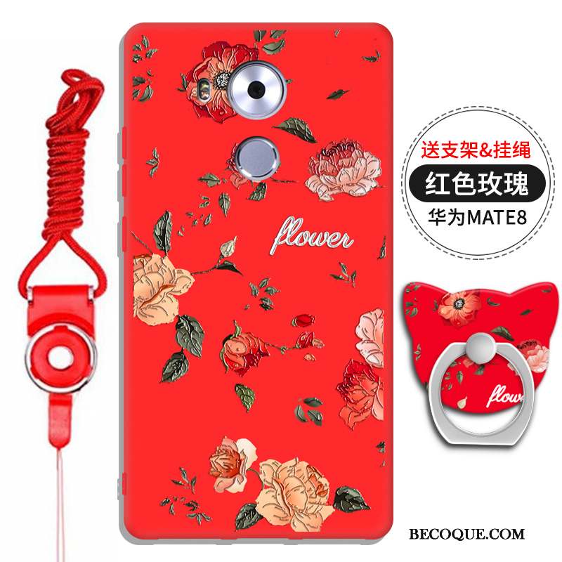 Huawei Mate 8 Coque Silicone Support Ornements Suspendus Rouge Dimensionnel Gaufrage