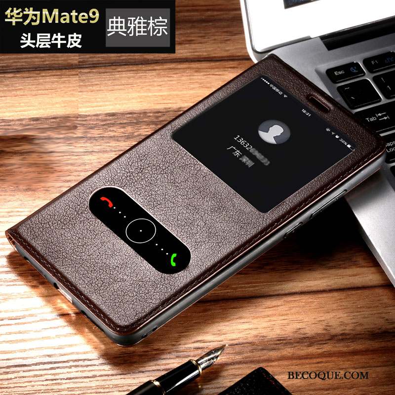 Huawei Mate 9 Business Étui En Cuir Incassable Cuir Véritable Clamshell Coque De Téléphone