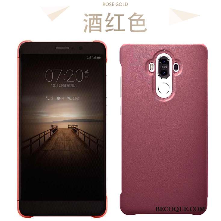 Huawei Mate 9 Coque Protection Cuir Véritable Étui Tout Compris Vin Rouge Incassable