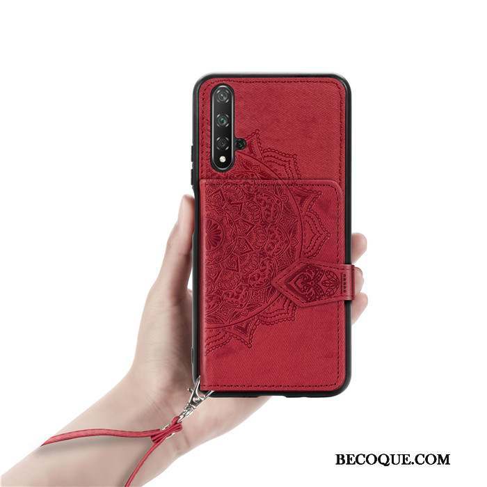 Huawei Nova 5t Coque Ornements Suspendus Tissu Portefeuilles Rouge Sac Carte Étui