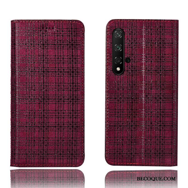 Huawei Nova 5t Incassable Plaid Cuir Véritable Coque De Téléphone Protection Rouge