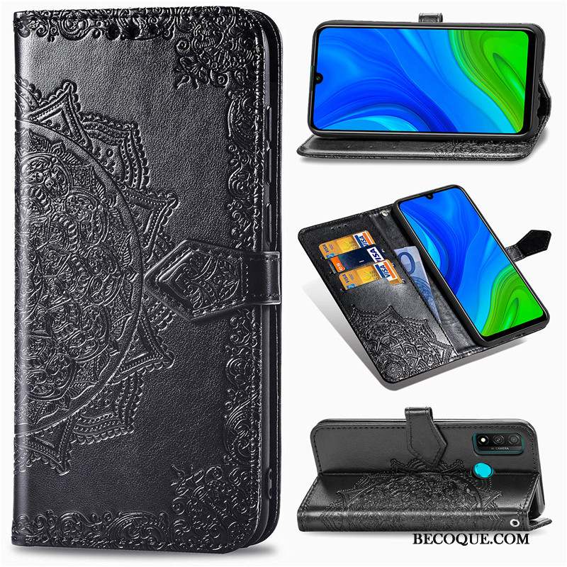 Huawei P Smart 2020 Coque Similicuir Protection Étui Noir Couleur Unie Gaufrage