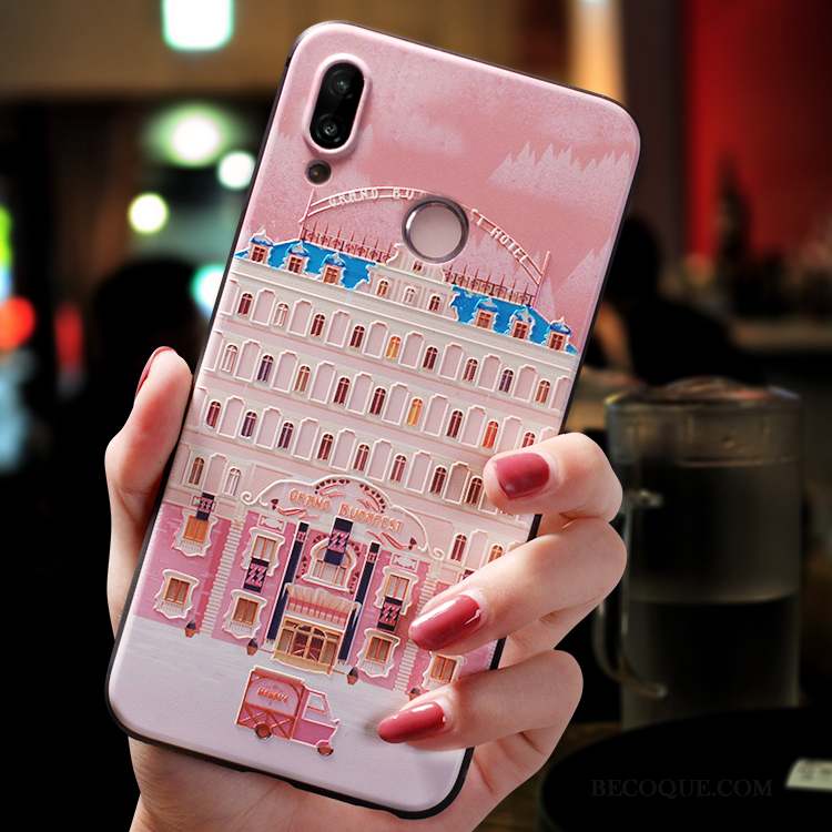Huawei P Smart+ Coque Personnalité Rose Fluide Doux Incassable Très Mince Dessin Animé