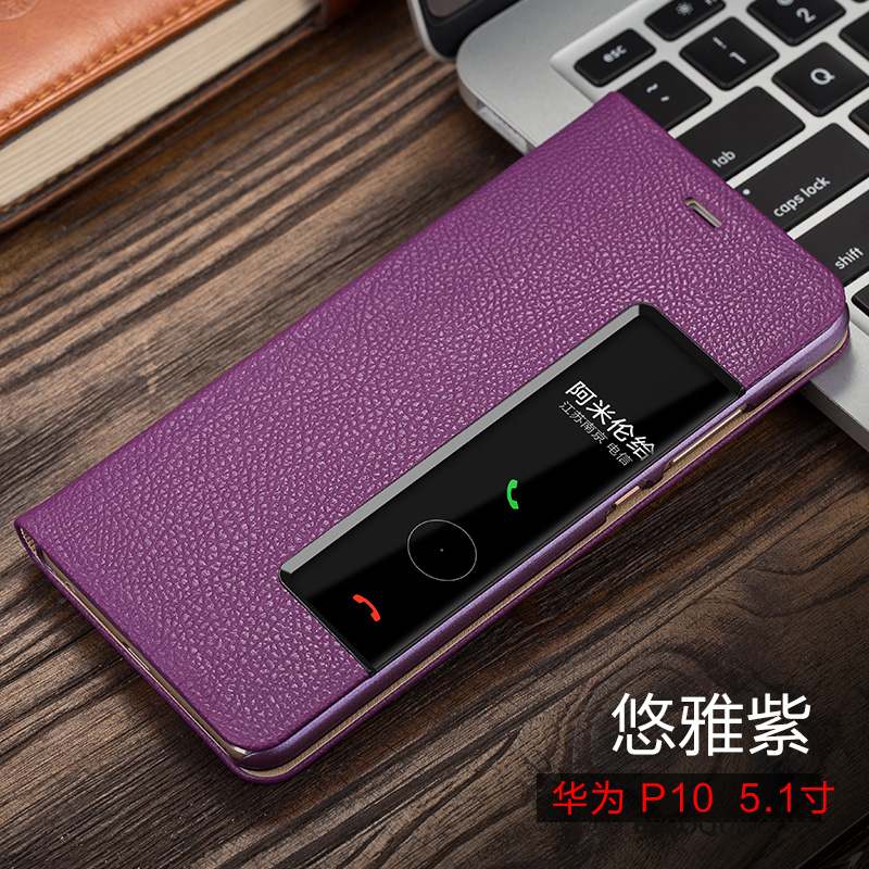 Huawei P10 Coque Cuir Véritable Housse Étui Incassable Violet Étui En Cuir
