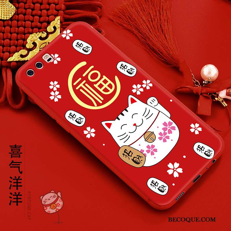 Huawei P10 Coque Richesse Protection Rouge Chat Silicone Fluide Doux