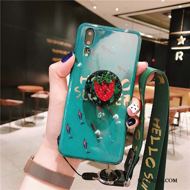 Huawei P20 Coque Bleu Cou Suspendu Vert Strass Personnalité Tout Compris