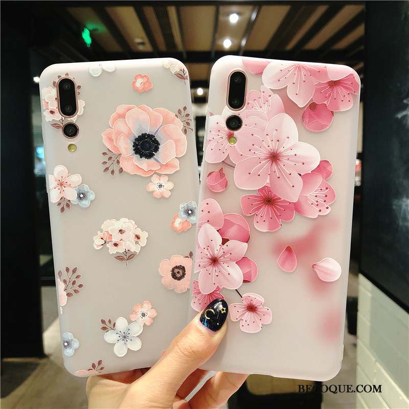 Huawei P20 Pro Coque Rose Fleur Étui Incassable Protection Gaufrage