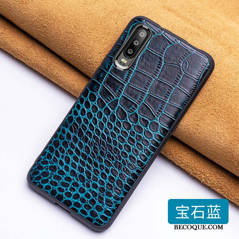 Huawei P30 Coque Crocodile Modèle Incassable Créatif Étui En Cuir Bleu Protection