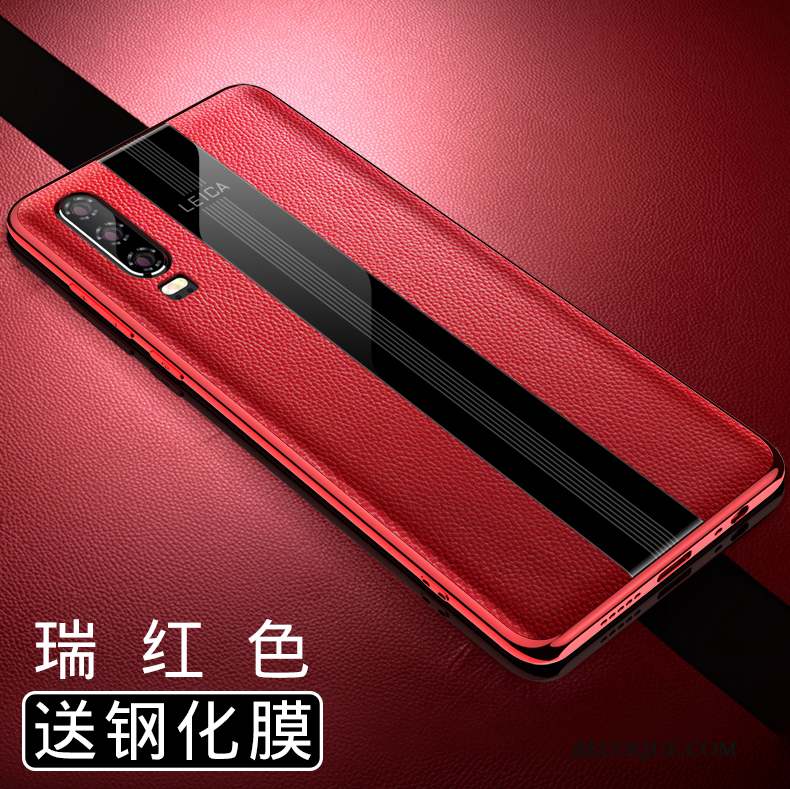 Huawei P30 Coque De Téléphone Protection Étui Incassable Rouge Cuir Véritable