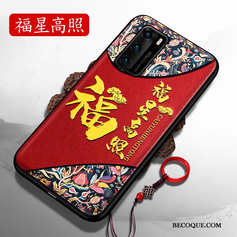 Huawei P40 Coque Net Rouge Style Chinois Silicone Gaufrage Très Mince Délavé En Daim