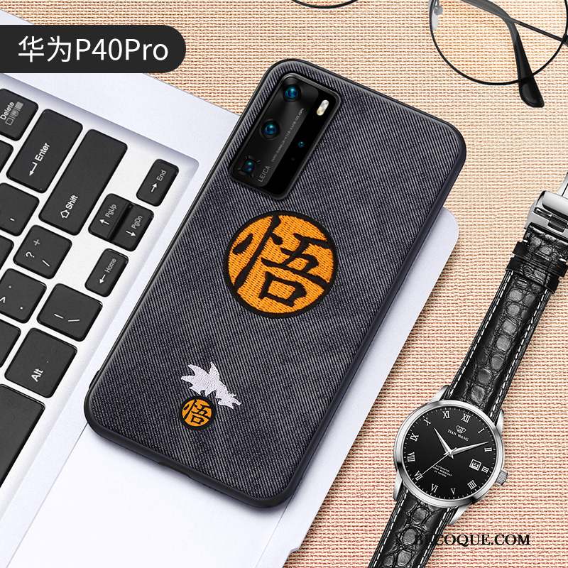 Huawei P40 Pro Coque Broderie Très Mince Tissu Gris Style Chinois Étui