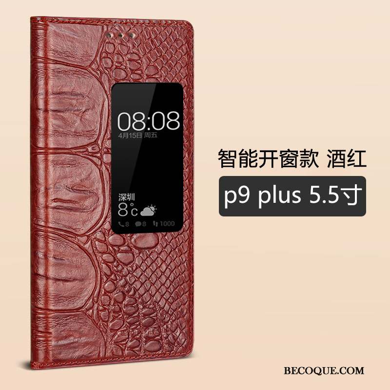 Huawei P9 Coque Protection Housse Vin Rouge Dormance Cuir Véritable Étui